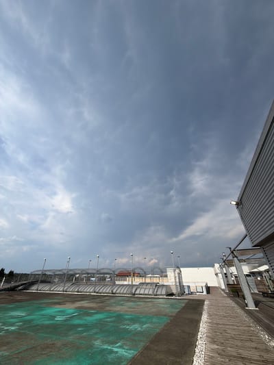 The image captures a view from a rooftop in Singen (Hohentwiel), Germany, under a cloudy sky. In the foreground, a section of a green court is visible, appearing weathered and possibly part of a sports facility. A wooden walkway with white gravel borders leads away from the court and curves to the right. To the right, the corrugated metal exterior of a building is prominent, with a security light attached to its side. In the background, a long, curved structure with a metal fence and arched roofs is present, suggesting a greenhouse or similar facility. Poles with lights are spaced along this structure. The overall scene suggests an outdoor recreational or utility area on a rooftop.