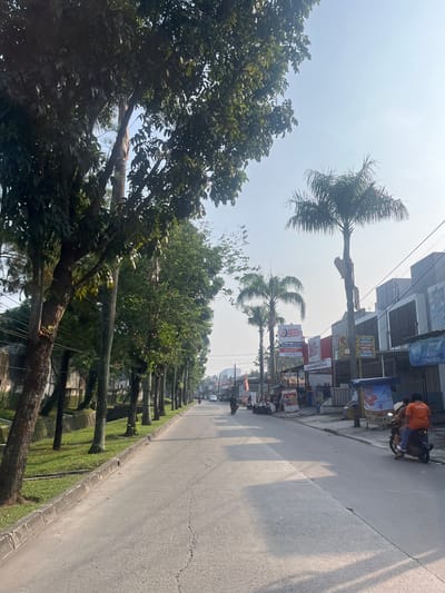 The image depicts a street scene in Ciakar, Indonesia, characterized by a paved road lined with trees and buildings. On the left side of the road, a row of mature trees with lush green foliage forms a canopy over a grassy area, creating a shaded pedestrian walkway or verge. The trees are of varying sizes and types, with some appearing to be broadleaf deciduous trees and others more slender.
The road itself is a two-lane asphalt surface, showing some signs of wear and tear with visible cracks. Sunlight casts long shadows from the trees onto the road, indicating it is likely morning or late afternoon. Along the right side of the road, a line of commercial buildings stands, featuring storefronts with signage. Some of the signs are in Indonesian, with one prominent sign appearing to be for "DEWA MOTOR," a vehicle dealership, displaying "BAN & SERVICE," "SPAREPART," and "GANTIOLI." Another sign advertises a price of "49.000."
Several individuals and vehicles are present. On the road, a motorcycle with two occupants, one wearing an orange shirt and the other a blue shirt, travels away from the viewer. Other motorcycles are parked or moving in the distance, and a few people are visible near the storefronts. The sky is a clear, pale blue, suggesting fair weather. The overall impression is a bustling but relatively calm urban street environment.
