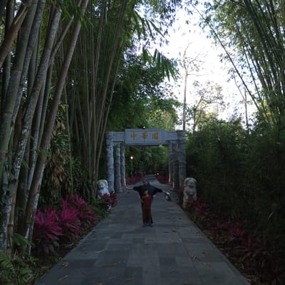 The image depicts a pathway lined with tall bamboo trees on either side. In the foreground, a woman in a dark headscarf and a child in a brown shirt and pants stand on the paved pathway. The pathway leads towards an ornate stone archway with Chinese characters visible on a sign above it. The archway is flanked by two stone lion statues. Red-leafed plants line the sides of the pathway near the archway. The scene is set within an outdoor environment, likely a garden or park, with dense foliage suggesting a tropical or subtropical climate. The lighting indicates it is likely late afternoon or early evening. The location is identified as being in Suka Makmur, Indonesia, though this context is not visually evident within the image itself.
