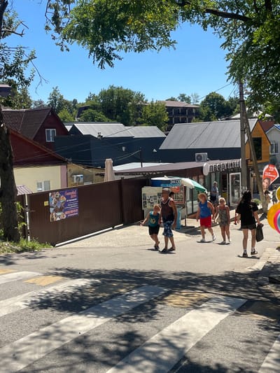 In Dzhubga, Russia, on a sunny day, a group of people are walking along a street. The street is paved and has a pedestrian crossing in the foreground. To the left of the street, there is a brown metal fence with a sign featuring several pictures and text. Behind the fence, there are buildings with red and yellow facades. In the background, more buildings with metal roofs are visible, along with trees and a clear blue sky. Further down the street, a store with the sign "ПРОДУКТЫ" (Products) is open, with a person standing in the doorway. Another person is visible holding an orange sign with a picture of a woman. Several people are walking on the street, including adults and children, some wearing hats. The overall scene depicts a busy street with commercial activity and pedestrians.