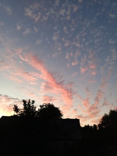 A silhouette of a rooftop and trees is visible against a sky filled with pink and blue clouds. The rooftop appears to be made of corrugated metal, and it is dark and indistinct. The trees are also silhouetted, with their branches extending into the sky. The clouds are wispy and appear to be illuminated by the setting sun. The scene is serene and peaceful, with a sense of natural beauty. The location is specified as Golubinske settlement, Ukraine.