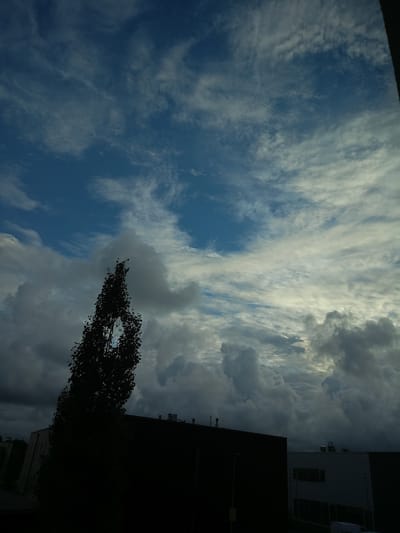 The image depicts a cloudy sky over buildings in Peetri alevik, Estonia. In the foreground, a dark silhouette of a tall, slender tree with sparse leaves stands against the sky. The tree appears to be in the center of the frame, with its upper branches reaching towards the sky. Below the tree, the dark roofs and facades of buildings are visible. The building on the left is entirely black, obscuring any details. The building on the right is lighter in color, with visible windows and vents on its roof. The sky is a mix of deep blue and lighter, wispy clouds, with some darker, more ominous clouds gathering towards the bottom of the frame. The lighting suggests it is either early morning or late evening. There are no people or active interactions visible in the scene.