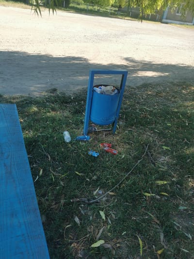 The image depicts an outdoor scene in Carbuna, Moldova, with a focus on a blue trash can overflowing with litter. The trash can is situated on a patch of grass, surrounded by fallen leaves and twigs. Several pieces of trash, including plastic bottles and cans, are scattered around the base of the bin and on the grass. A portion of a blue wooden bench is visible in the foreground on the left side of the image.
In the background, a dirt path or road is visible, with tire tracks suggesting vehicle movement. Beyond the path, there is an area with green vegetation and trees, with a building that appears to be made of concrete blocks visible in the upper right portion of the image. The sunlight casts shadows across the scene, indicating it is daytime. The overall impression is one of a somewhat neglected public area, with visible litter. There is no visible text in the image.