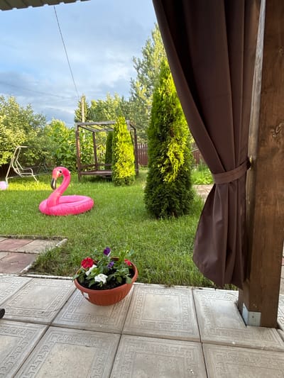 A bright pink inflatable flamingo float rests on a vibrant green lawn in a backyard. The flamingo is positioned near a swing set, with a wooden gazebo structure visible in the background. Two tall, slender evergreen trees frame the scene. In the foreground, a brown planter filled with colorful flowers sits on a stone patio. The sky above is partly cloudy, with a mixture of blue and grey. The overall setting appears to be a serene outdoor space in a suburban or rural environment, possibly within the city of Тмз Снт, Russia.