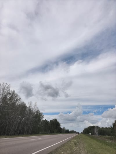 The image shows a road passing through a rural area with trees lining the sides. The sky is overcast with some patches of blue sky visible. There are a few cars on the road in the distance. The location is identified as Peterfeld rural district, Kazakhstan.