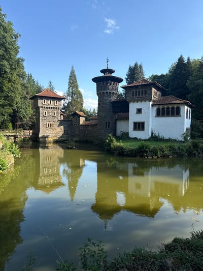 The image displays a multi-component, castle-like structure situated on the edge of a calm, greenish-brown body of water, likely a moat or pond, under a clear blue sky in Groussbus-Wal, Luxembourg. The building complex features a prominent, centrally located, cylindrical stone tower with a distinctive multi-tiered, circular roof structure and finial. To its right, a two-story, white-washed building with brown-tiled roofs and a mix of arched and rectangular windows connects. To the left of the central tower stands a square, stone-built tower with multiple small rectangular windows and a red-tiled gabled roof. This left tower connects to the bank via a small wooden bridge. The water surface clearly reflects the architectural elements. The structures are surrounded by dense green trees and foliage, forming a natural backdrop. No individuals or specific actions are visible within the scene.