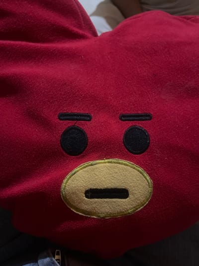 The image shows a close-up of a red garment, possibly a hoodie or jacket. Two black embroidered shapes, resembling eyes, are positioned vertically on the left side of the garment. To the right of these, a larger, oval-shaped embroidery in a tan color with a yellow embroidered outline contains a single black embroidered shape, resembling a mouth or a nose. The texture of the red fabric appears soft and slightly fuzzy. The garment is resting on a surface, and a portion of blue denim fabric is visible on the right edge of the frame, with a zipper detail. The lighting suggests an indoor setting, and the overall impression is that of a close-up detail of clothing. There is no visible text in the image.