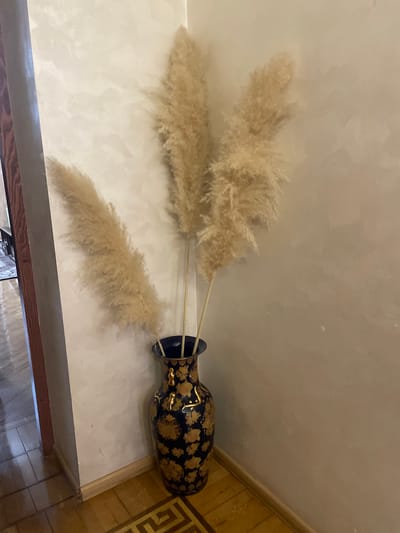 A photograph taken indoors shows a vase containing pampas grass, set against a light-colored wall and ceiling. The vase, which is dark blue with gold leaf designs, is resting on a shelf or cabinet. The pampas grass is positioned upwards and left, the plumes fluffy and beige in color. The wall is a flat, neutral tone, showing faint variations in texture. To the right of the vase, a paneled wall runs perpendicular, made up of wood panels with a decorative, possibly geometric pattern. A window is at the bottom of the image and appears to be reflecting lights. The location is unknown.