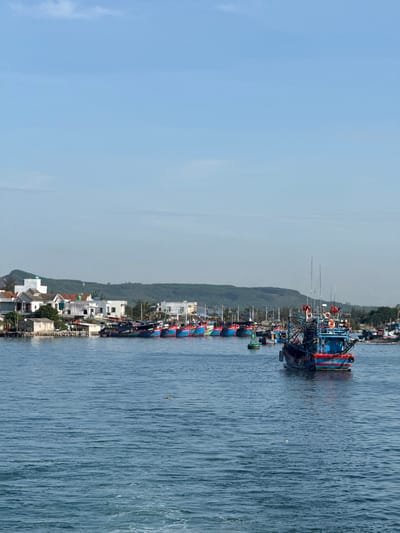A wide shot captures the harbor of An Hai, Vietnam, on a bright, clear day. The water in the foreground is a deep blue with gentle ripples. A line of colorful fishing boats, predominantly blue and red, are moored along the shore. The boats are of varying sizes, with some larger vessels featuring multiple masts and a more elaborate superstructure. The town of An Hai is visible in the background, characterized by low-rise buildings with white walls and red or green tiled roofs. A lush green, treed hillside forms the backdrop to the town. The sky is a pale blue with a few wispy clouds. The image depicts a peaceful scene of a coastal community engaged in fishing.