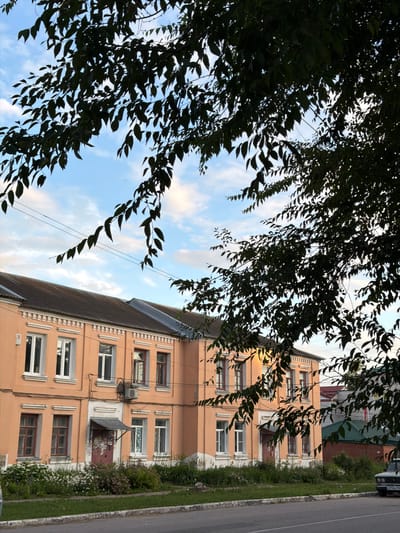 The image captures a view of an apartment building on a street in Semiluki, Russia, likely during daytime. The building, painted a peach color, features multiple windows, some with red frames and others with white. A portion of a darker colored roof is visible. In front of the building, there is a strip of green grass, followed by a paved road. A car is partially visible parked on the right side of the road. The foreground is dominated by the branches and dark green leaves of a tree, creating a natural frame for the scene. The sky above is blue with scattered clouds. There are no people visible in the image.