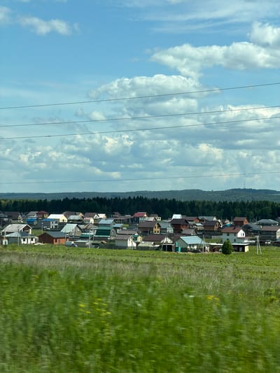 This image depicts a rural or semi-rural landscape, purportedly in Кварса, Russia, captured from a moving perspective under daylight conditions. The upper third of the frame shows a light blue sky with numerous white and light grey cumulus clouds. Three dark, thin power lines horizontally traverse the sky and the top edge of a distant forest.

Below the power lines, a dense, dark green forest or treeline extends across the midground, forming the horizon. Behind this primary treeline, faint rolling hills or elevated landforms with sparse vegetation are visible, particularly towards the right side of the image.

In the mid-ground, nestled in front of the forest, is a cluster of residential houses forming a village or settlement. These houses vary in size, architectural style, and color. Most have pitched roofs, with materials appearing to include metal sheeting in shades of grey, blue, green, red, and brown. Building facades are a mix of light-colored plaster, brick, and wood. Utility poles with overhead lines are visible within the settlement. No individuals are discernible within the settlement.

The foreground is dominated by a wide expanse of vibrant green field, likely grass, interspersed with small yellow wildflowers. This foreground area exhibits pronounced horizontal motion blur, suggesting the photograph was taken from a vehicle or platform in motion.