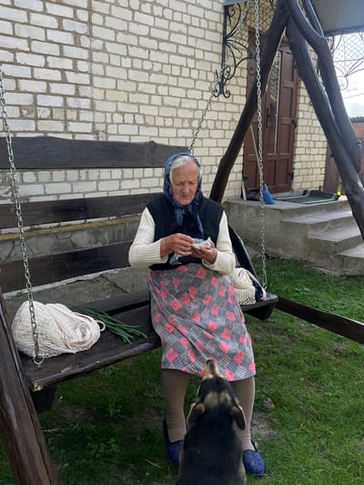 An elderly woman with a blue headscarf and a floral apron sits on a wooden swing in the yard of a house in Vertelka, Ukraine. She is holding a small object in her hands and appears to be examining it. A dog stands on the grass in front of the swing, looking up at the woman. To the left of the woman on the swing is a white net bag and a bunch of green onions. The swing is made of dark wood and is attached to a frame of rough-hewn logs. Behind the swing is a brick house with a brown door. The ground is covered in grass and dirt. The sky is overcast.