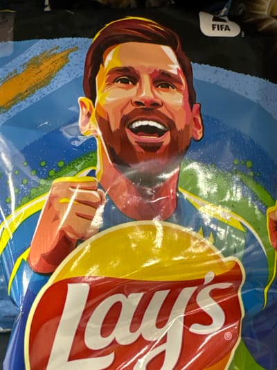 This media file shows a close-up of a bag of Lay's potato chips featuring a stylized illustration of a person. The illustration depicts a face with brown hair, a beard, and an open mouth with visible teeth. The person appears to be wearing a blue and yellow garment, possibly a soccer jersey, given the presence of a FIFA logo on the black background to the left of the illustration. The Lay's logo is prominently displayed on the right side of the bag in red and white lettering. The overall design of the bag is vibrant, with a background that includes blue, green, and yellow elements, suggesting a dynamic and energetic theme, likely related to a sporting event or partnership. The image is taken from a slightly angled perspective, with the bag oriented horizontally. The lighting suggests an indoor setting, possibly a store or pantry. No specific time of day, weather, or detailed location cues are discernible beyond the potential association with soccer through the FIFA logo. The emotion conveyed by the illustrated person's expression is one of excitement or celebration. The visible text includes "FIFA" and the "Lay's" brand name.