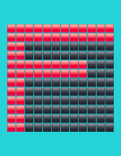 This is a digital illustration of a grid of red and black squares against a cyan background. The grid is composed of 10 columns and 10 rows of squares, with the top two rows and the leftmost column primarily filled with red squares. The rest of the grid is filled with black squares, forming a pattern that resembles a stylized letter "L" or a descending staircase on the left side. The squares have a glossy appearance, suggesting a digital rendering. There are no people, animals, or recognizable objects within the image. The image does not depict any specific location in the city of Sinzheim, Germany.