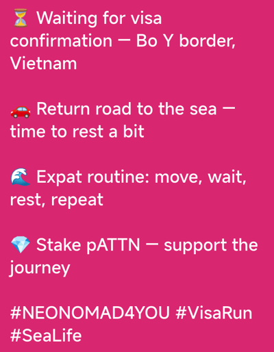 The image is a bright pink background with white text and emojis. The text is divided into four sections. The first section, with a hourglass emoji, reads: "Waiting for visa confirmation - Bo Y border, Vietnam". The second section, with a car emoji, reads: "Return road to the sea - time to rest a bit". The third section, with a wave emoji, reads: "Expat routine: move, wait, rest, repeat". The fourth section, with a diamond emoji, reads: "Stake pATTN - support the journey". Below this are three hashtags: "#NEONOMAD4YOU #VisaRun #SeaLife". There is no indication of a city, location, or any people or objects that are not part of the text and emojis.