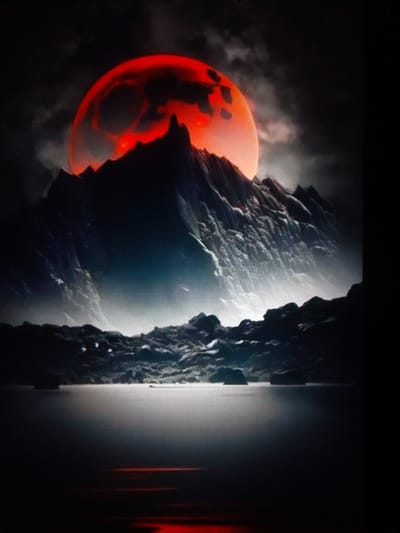 The image depicts a dramatic, dark landscape dominated by a large, blood-red moon partially obscured by rugged, silhouetted mountains. The moon is glowing intensely, casting an eerie red light. Wisps of dark clouds drift across the night sky. In the foreground, a dark, rocky terrain leads to a still, reflective body of water that mirrors the red glow from the moon. The overall impression is one of a desolate and possibly supernatural or apocalyptic scene. There are no people or specific landmarks visible that would indicate a location in посёлок опытного хозяйства «Ермолино», Russia.