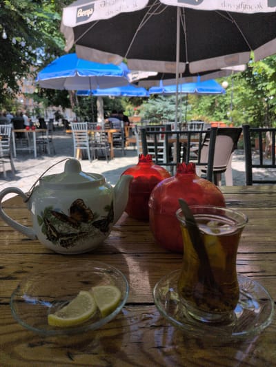 In Şəki, Azerbaijan, this image captures a close-up view of a wooden table laden with items commonly found at an outdoor cafe. The foreground is dominated by a white ceramic teapot adorned with butterfly motifs, two red pomegranate-shaped decorative items, a small glass saucer holding two lemon slices, and a tall glass filled with amber-colored tea. A dark spoon rests in the tea, and the glass sits on a matching saucer. In the background, blurred figures are visible at tables, seated beneath large umbrellas and awnings, suggesting a bustling yet relaxed atmosphere. The setting appears to be an establishment in Şəki, a city known for its historical significance and tea culture.