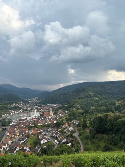 This is a landscape photograph taken from an elevated vantage point, looking down at a village nestled between a steep, densely forested hillside and a cloudy sky. The village features numerous buildings with red-tiled roofs, characteristic of European architecture. A river or canal runs through the lower part of the village. Roads and cars are visible, indicating a populated area. The hillside is covered in lush green trees, suggesting a natural and perhaps rural setting. In the foreground on the right, there is a steep embankment covered in green vines, possibly a vineyard.
The sky is partially overcast with dramatic clouds, suggesting a dynamic weather condition, possibly before or after a storm. The light suggests it is daytime, though the cloud cover obscures direct sunlight. The scene appears to be located in or near Gernsbach, Germany, given the context. There are no discernible people or specific activities taking place. The overall mood is serene and picturesque, highlighting the harmonious coexistence of human settlement and nature. A small sign is visible on the vine-covered embankment in the lower right corner, but the text is illegible.