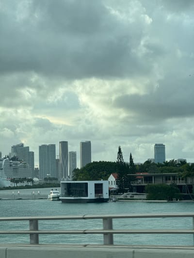 The image displays a panoramic view across Biscayne Bay, captured from a causeway or island within the city of Miami Beach, United States, looking westward towards the Downtown Miami skyline and PortMiami. The sky is uniformly overcast with thick grey cloud cover. A grey metal guardrail with two horizontal bars spans the immediate foreground. The mid-ground consists of tranquil, turquoise-green bay water. Anchored on the left mid-ground is a white, rectangular, modern houseboat with prominent dark-tinted windows, alongside which a white motor yacht is positioned. Further left, a large white multi-deck cruise ship is visible in the water near the distant mainland. On the right mid-ground, a lush green island features a white residential building with a red tile roof, and a larger, multi-story modern residence undergoing construction, exhibiting concrete and unfinished elements. The background is dominated by the dense urban skyline of Downtown Miami, characterized by numerous tall skyscrapers, including a distinctive tapering curvilinear tower. Multiple small, dark avian subjects are visible against the cloudy sky. No human figures are identifiable.
