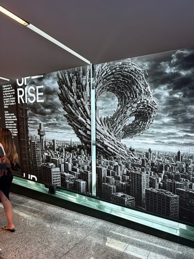 This media file shows a black and white mural of a futuristic cityscape with an abstract, sculptural element in the foreground. The mural is split into two panels. The left panel features the abstract sculpture, which resembles a swirling, twisted form made of what looks like stacked building blocks, set against a dramatic, cloudy sky. The right panel shows a dense cityscape with many tall buildings, stretching into the distance.
Below the mural, part of a poster is visible with text in both English and Italian. The English text reads: "Digital art as a language of contemporaneity to discover a new city through a program curated by MEET Digital Culture Center in Milan." The Italian text includes "L'arte digitale come linguaggio della contemporaneità per scoprire una nuova città attraverso una". The word "RISE" is prominently displayed in large white letters on a black background within the poster.
In the foreground of the image, a person is partially visible, facing away from the camera. They are wearing a dark dress and appear to be looking at their phone. The ground is a speckled granite-like material. The lighting suggests it is daytime, possibly indoors or in a covered outdoor area, as there is a linear light fixture visible on the left. The overall scene appears to be in a public space, perhaps a gallery, museum, or a transit hub. The location context provided is Ferno, Italy.