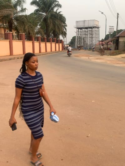 A woman in a blue and white striped dress stands on a paved road, holding a phone in one hand and a small, striped object in the other. Behind her is a low, tan wall with brown trim, bordered by palm trees. Further back, a tall, metal water tower rises against a hazy sky. A person on a motorcycle is visible on the road in the distance.