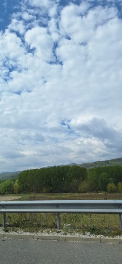 The image, possibly taken in Strumyani, Bulgaria, depicts a roadside view under a cloudy sky. To the left, the sky is filled with numerous white cumulus clouds against a blue backdrop. To the right, a dense line of green trees lines the edge of what appears to be a highway. A gray metal guardrail runs parallel to the road. The edge of the road and the asphalt surface are visible.