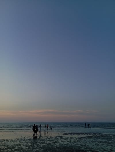 The image depicts a coastal scene at dusk in Tritunggal, Indonesia. The upper two-thirds of the frame are dominated by a clear sky, transitioning from a dark purplish-blue at the zenith to a lighter, pastel blue-pink gradient above the horizon. The horizon line separates the sky from the calm, reflective sea which occupies the mid-ground. The foreground consists of a wet, dark tidal flat with irregular patches of exposed seabed, reflecting the sky and distant figures. Approximately ten individuals are present, mostly in silhouette. Two figures are walking left in the foreground on the wet flat. Further out on the tidal flat and in shallow water, several other figures are dispersed; one individual appears to be near a small animal, possibly a dog. Towards the right, three to four figures are standing in the shallow water, appearing to wade or observe the surroundings. The overall lighting suggests late evening.