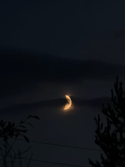 The image depicts a crescent moon peeking through dark, wispy clouds at night. The moon emits a soft, yellow glow, illuminating the surrounding haze. In the foreground, silhouetted against the night sky, are the dark forms of tree branches and what appear to be power lines. The overall impression is one of a serene, atmospheric night scene. The location is the city of Petukhi, Russia.
