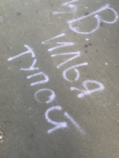 The image displays chalk graffiti on asphalt. The graffiti consists of several characters, seemingly in Russian or a similar Cyrillic-based alphabet. The word "DOUR" appears to be written in larger script, angled from the bottom left to the upper right. To the right of this, and slightly higher, is what appears to be the Cyrillic letter "B". Between these two elements, and slightly above "DOUR", is another word or phrase, with characters that are difficult to fully discern but include what looks like "yn6". The chalk used is a light purple color. The asphalt surface is dark gray and appears to be a road or sidewalk. There is some minor debris on the surface, including a small twig. The lighting suggests it is daytime. The location is identified as Satino-Russkoe, Russia. There are no people or active interactions visible in the image; it is a static scene of graffiti.