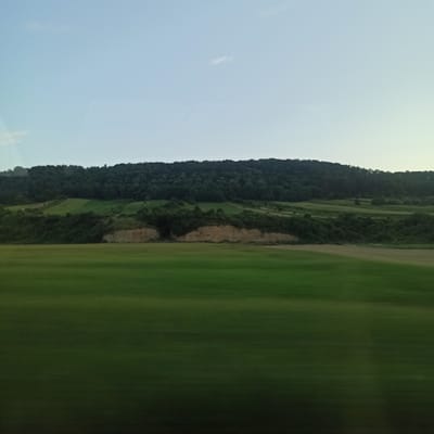 The image depicts a wide, horizontal landscape scene. The sky occupies the top portion of the image and is a pale, clear blue with a hint of a light-colored cloud or atmospheric anomaly. Below the sky, a dense, dark green forest covers a rolling hillside. The trees appear to be deciduous and form a thick canopy.

In front of the forested hillside, there is a distinct geological feature: a band of exposed earth, varying in color from light tan to reddish-brown, suggesting a cliff or eroded embankment. This exposed earth is partially covered by vegetation.

The foreground of the image is dominated by a large, open field of lush green grass. The grass appears to be either a manicured lawn, a pasture, or a crop field. There is a sense of motion blur in the grassy field, indicating that the photograph was taken from a moving vehicle. The overall impression is of a rural or semi-rural landscape, possibly a park or agricultural area, viewed during daylight. The specific location in Răcăciuni, Romania, cannot be determined from the visual information alone.
