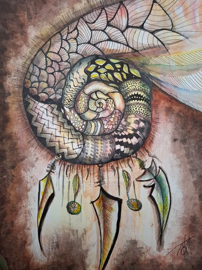 This is a close-up, overhead shot of a watercolor and ink artwork. The primary subject appears to be a stylized shell or spiral form, rendered with intricate patterns and muted, earthy tones. The spiral is sectioned into numerous compartments, each filled with distinct decorative motifs, including zigzags, dots, wavy lines, and checkered patterns, suggesting a zentangle-inspired style.

Emerging from the right side of the spiral are several elongated, feather-like shapes, also detailed with ink lines and watercolor washes in shades of green, yellow, and orange. These shapes are arranged horizontally, giving a sense of movement or projection. In between these feather-like forms are small, circular elements with radiating lines, resembling stylized suns or compass roses.

The background is a wash of watercolor, predominantly brown and ochre, with some lighter areas and darker smudges, creating a textured and somewhat abstract feel. The style of the artwork is illustrative and decorative, with a focus on pattern and detail. There is a small, illegible artist's signature in the upper right corner of the image, rendered in black ink.

No specific time of day, weather, or location cues are discernible from the artwork itself, other than the provided context of Nalchik, Russia, which is not visually represented. The overall mood conveyed is one of intricate detail and organic form.