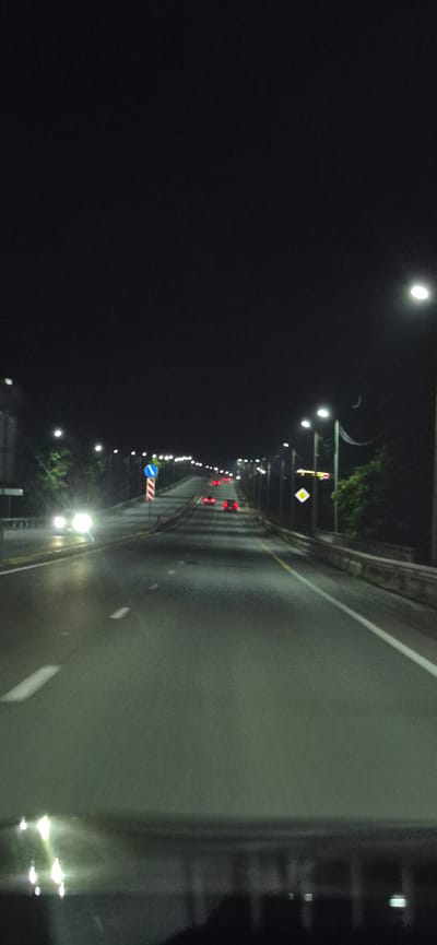 The image depicts a view from inside a vehicle traveling on a highway at night. The highway is illuminated by streetlights lining both sides of the road, creating a tunnel effect of light. Several cars are visible on the highway ahead, their headlights and taillights creating streaks of light due to the motion blur. Traffic signs, including a circular sign with a blue background and a red and white diagonal stripe, and a diamond-shaped yellow sign, are present along the roadside. The surrounding environment appears to be natural, with trees visible in the background, suggesting the highway is outside of a densely populated urban area. The road surface is wet, reflecting the lights. The scene is consistent with travel on the Ussuriysky Highway (R297) near Volno-Nadejdinskoe, Russia.