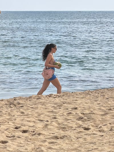 A woman in a bikini stands on a sandy beach beside the ocean. She holds a coconut with a straw, and a pink striped bag hangs on her side. The ocean stretches out on the left, its surface rippling with waves, and the sand covers the right side. The sky is overcast.