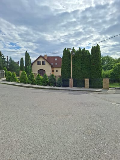 The image depicts a residential street in Ilava, Slovakia, on a cloudy day. In the foreground, a grey asphalt road curves towards the right. A sidewalk runs along the left side of the road. Beyond the sidewalk is a row of meticulously manicured evergreen shrubs and trees, forming a lush green border.
Behind the greenery, a fence with black metal bars and stone pillars separates the property from the street. A house with a beige facade and a red tile roof is visible behind the fence. The house has several windows, and a chimney stands on the roof. A tall lamp post with a light fixture and a speaker is positioned near the fence line. Further to the right, more trees and greenery are visible, suggesting a suburban or semi-rural setting. The sky is filled with thick, grey clouds, obscuring any direct sunlight. There are no people or vehicles visible in the image. The scene is static and appears to be a captured moment of a quiet street.