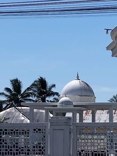 A mosque's white dome rises behind a patterned white fence and rooftops. Palm trees are to the left of the dome, set against a clear blue sky. Power lines stretch across the top of the frame. The structure to the right, partly in the frame, appears to be part of the same building. The roofs visible behind the fence have a corrugated pattern with rusted areas.