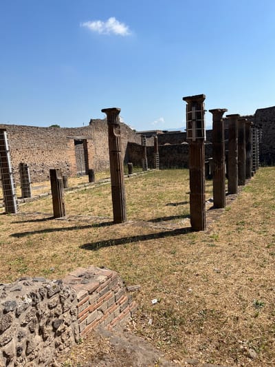 This image depicts an outdoor scene within the archaeological ruins of Pompeii, Italy. The foreground features dry, yellowed grass with scattered green shoots and some litter, suggesting a hot, dry climate. In the immediate foreground, to the left, is a section of ancient stonework and brickwork, partially crumbled.

Dominating the mid-ground is a row of ancient, weathered stone columns. These columns vary in height and are made of segmented blocks. Some of the columns, particularly those towards the right of the frame, have metal supports around them. Behind these columns, the ruins of stone walls extend across the background. One wall features a doorway with a metal grate. The sky above is a clear, bright blue with a single, wispy white cloud. The overall impression is one of a sun-drenched, historic site. No people are present in the image.
