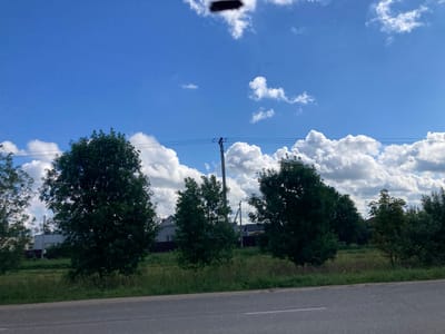 The image depicts a roadside view on a sunny day under a bright blue sky with scattered white clouds. In the foreground, a grey asphalt road with a white lane marker runs horizontally. Beyond the road, a grassy area is bordered by trees. In the middle ground, several houses with dark roofs are visible behind a line of trees and a fence. A utility pole with wires stretches across the scene above the trees. The overall setting suggests a rural or semi-rural residential area, consistent with the location of Міханавіцкі сельскі Савет, Belarus.