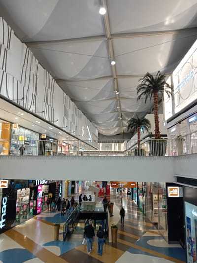 The photograph depicts the interior of a shopping mall, possibly in Amadora, Portugal. The architectural design features a curved ceiling with integrated lighting and decorative palm trees, suggesting a modern and spacious environment. The mall's retail spaces line the sides of a central walkway, where people are observed walking. Several storefronts are visible, showcasing various brand names, including "Fnac." The floor design consists of geometric patterns in shades of blue, brown, and white, adding to the visual appeal. The photograph is taken from an elevated vantage point, offering a comprehensive view of the mall's layout and activities.