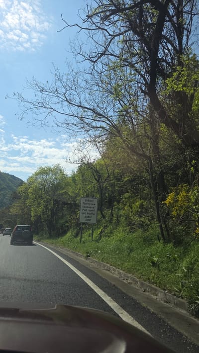 The image depicts a road in Stara Kresna, Bulgaria, lined with trees and vegetation. A road sign is visible, featuring text in both Bulgarian and English: "Pull over! Let traffic pass! 200". Several cars are driving on the road. A portion of a vehicle's interior is visible in the lower right corner. The sky is blue with scattered clouds, and tree branches are visible overhead.
