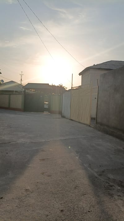 The image depicts a street scene in Navobod, Tajikistan, during what appears to be late afternoon or early evening, judging by the low angle of the sun and the long shadows cast. The foreground is dominated by a paved asphalt road, dusty and with scattered debris, leading towards the background. On either side of the road are fences and gates. To the left, a muted green gate is visible, set within a wall. Further down the street, a darker, larger gate with a covered entryway is present. To the right, a tall, pale yellow metal gate with a diamond pattern adorns the facade of a building. Beyond the gates, glimpses of houses with tiled roofs and concrete walls can be seen. The sky is a pale blue with wispy clouds, and the sun is a bright, overexposed disc low on the horizon, casting a glare. Electrical wires are strung across the upper portion of the frame. No people are visible in the scene. The environment appears to be a residential or semi-industrial area within the city.