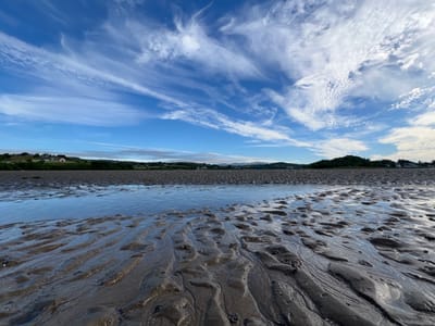 This is a vertical, wide-angle photograph of a landscape, taken at eye level. The image is upside down, with the sky at the bottom and the ground at the top. The sky is a vibrant blue, filled with wispy white clouds that stretch across the frame. In the distance, a dark green treeline marks the horizon, with a few white buildings nestled among the trees. The ground in the foreground appears to be wet sand, with ripples and patterns formed by receding water. The sand is dark and glistening, reflecting the light from the sky. The overall impression is one of a serene, natural landscape, possibly a beach or tidal flat, under a bright, cloudy sky. The time of day appears to be daytime, given the bright sky. The location is Tullycullion, Ireland. No people or specific objects are clearly identifiable.
