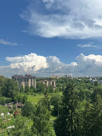 The image shows a panoramic view of a green cityscape under a bright blue sky with fluffy white clouds. In the foreground, there are lush green trees, including tall fir trees. Beyond the trees, there are some small rural structures with red roofs and greenhouses. Further in the background, modern multi-story apartment buildings are visible, interspersed with more greenery. The buildings have a contemporary architectural style with balconies and large windows. The overall impression is one of a developing urban area with significant green spaces.