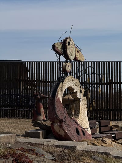 The image depicts an outdoor art installation in what appears to be the city of Sukhobuzimskoye, Russia. The foreground features a sculptural arrangement comprised of painted and textured elements, including circular and ring-shaped components connected by wire. The color palette includes reddish-brown, white, and off-white hues.
A dark, slatted structure serves as a backdrop, adorned with small, metallic fish figures. Behind the sculpture, a pile of stones and wooden planks is visible, along with some vegetation growing on the edge. The sky is visible in the upper left corner.