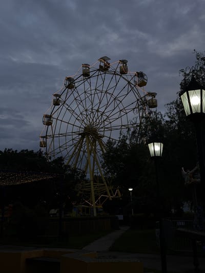 The image depicts a Ferris wheel at dusk in a park-like setting. The Ferris wheel is illuminated with small, warm lights along its structure and on some of its gondolas. The sky is overcast and a deep gray, indicating it is either late evening or early morning. Trees with dark foliage surround the Ferris wheel, and in the foreground, two streetlights with white glass shades are visible, also illuminated. The overall mood is quiet and perhaps a little melancholic due to the dim lighting and cloudy sky. One of the streetlights has some decorative elements above its shade. The scene suggests a recreational area, possibly an amusement park or a fairground, as dusk settles. There is no visible text in the image.