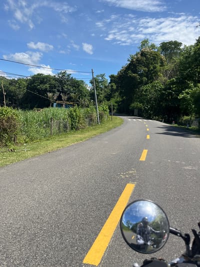 The image captures a view from a motorcycle traveling on a paved road in Ham Thuan Bac, Vietnam. The road, marked with yellow dashed lines, curves to the left, disappearing into a lush, green landscape. The sky above is a vibrant blue, dotted with scattered white clouds. On the left side of the road, a grassy embankment leads to a field of tall, green crops, possibly sugarcane, bordered by a wire fence. Beyond the field, trees and a small structure are visible. The right side of the road is lined with dense, mature trees. In the foreground, a circular motorcycle mirror reflects the rider, wearing a helmet and a checkered shirt, and the sunny sky. The overall scene depicts a scenic rural road on a clear day.