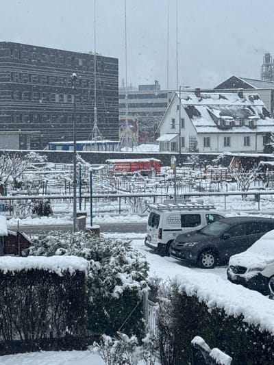 The image depicts a snowy winter scene in Visp, Switzerland, under an overcast sky with ongoing snowfall. In the foreground, snow-covered hedges and shrubs line a perimeter. Beyond these, a parking area or street is visible, covered in fresh snow. Three vehicles are parked: a white utility van with a roof rack and the "Gouggos" logo on its side, a dark grey or black SUV, and the front section of a white car, all bearing a layer of snow. A blue street pole stands near the vehicles.

Mid-ground details include a snow-dusted chain-link fence separating the foreground from a larger, open area. This area contains numerous low, snow-covered structures, potentially a construction site or undeveloped land, and a prominent red rectangular container or trailer. To the right, a multi-story white building with a steeply pitched, snow-covered roof, multiple dormer windows, and a small enclosed porch is visible.

The background features a large, dark grey multi-story building with a horizontally striped facade, indicative of a modern commercial or industrial structure. Behind the white house, an industrial complex with various structures, including a colorful mural on a building wall and chimneys emitting what appears to be steam or smoke, is present. Several tall, slender poles or masts rise into the sky across the scene. No individuals are visible.