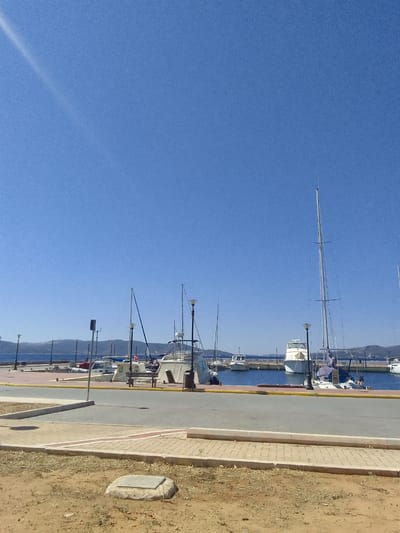 The image shows a harbor scene on a clear day, with a bright blue sky dominating the upper portion. In the foreground, there is a sandy area with sparse vegetation, followed by a paved pathway and a road. Beyond the road, a harbor wall with a yellow line separates the land from the water. Several boats are moored in the harbor, including sailboats with tall masts and motorboats. Some of the boats appear to be white and have various structures on their decks. In the background, a low-lying, hilly landmass is visible under the horizon. The scene appears to be a tranquil day at a marina. The location is the Municipal Unit of Elefsina, Greece, known for its port and industrial activities, though this particular view presents a more recreational aspect of the waterfront. There are no people clearly visible in the image.