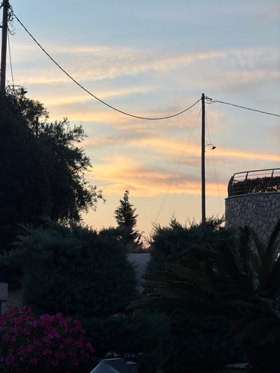 The image, likely taken in the Municipal Unit of Lefkada, Greece, presents a scene at dusk or dawn. The sky is streaked with soft hues of blue, pink, and orange clouds. A wooden utility pole with attached wires extends vertically in the frame, bisecting the sky. The foreground is dominated by dark silhouettes of trees and bushes, obscuring the lower portion of the image. To the right, the top of a stone building with a balcony is visible, partially obscured by foliage. A cluster of pink flowers is visible in the bottom right corner. The overall impression is one of a quiet, residential area. There are no people or obvious interactions within the frame. The time of day suggests a transition period, either sunrise or sunset.