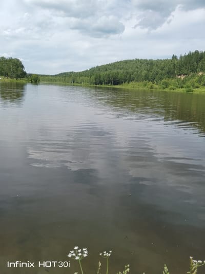 A wide, calm river flows through a forested landscape under a cloudy sky. The river occupies the majority of the frame, with gentle ripples reflecting the sky and the green treeline on the opposite bank. The left bank of the river features a mix of deciduous and coniferous trees, with a slightly higher, more densely wooded hillside on the right. The foreground shows the lower portion of the river with some small white wildflowers on the right edge, and the text "Infinix HOT30i" imprinted on the bottom left corner. The scene suggests a natural, serene environment.