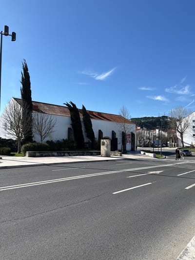 The image displays an urban street scene in Tomar, Portugal, specifically facing the former Convento de São Francisco (now cultural facilities like Cine-Teatro Paraíso) on Avenida Cândido Madureira.

The foreground features a wide asphalt road with two visible lanes separated by double solid white lines. A single solid white line delineates the road edge on the right. Painted white arrows and dashed lines are visible further down the road, indicating traffic guidance. The asphalt exhibits minor surface cracks.

The midground is dominated by a long, single-story building with white walls and a reddish-brown terracotta tiled roof. Several tall, dark green cypress trees are planted directly against the building's facade, alternating with dark, narrow architectural elements. Bare deciduous trees with thin branches are also present on the property. A raised, light-colored concrete planter or low wall runs along the building's perimeter. In front of this, a light-colored stone monument, possibly a plinth or pillar with an attached plaque, stands on a paved pedestrian area. To the far left, a black streetlamp with two cylindrical luminaires extends upwards.

In the mid-to-background, to the right, a solitary individual dressed in dark clothing is observed walking across a pedestrian crossing. A dark-colored sedan is partially visible behind the person, either parked or in motion. Further down the street, additional white and light-colored buildings with terracotta roofs are visible, characteristic of a Portuguese townscape. A large hill, densely covered with green vegetation, rises in the distant background.

The sky is clear and blue with minimal, wispy white clouds. The scene is illuminated by bright daylight, casting visible shadows.
